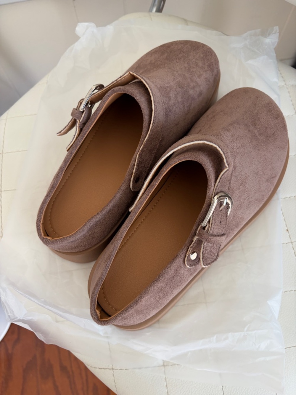 Women’s Taupe Suede Mary Jane Flats with Buckle